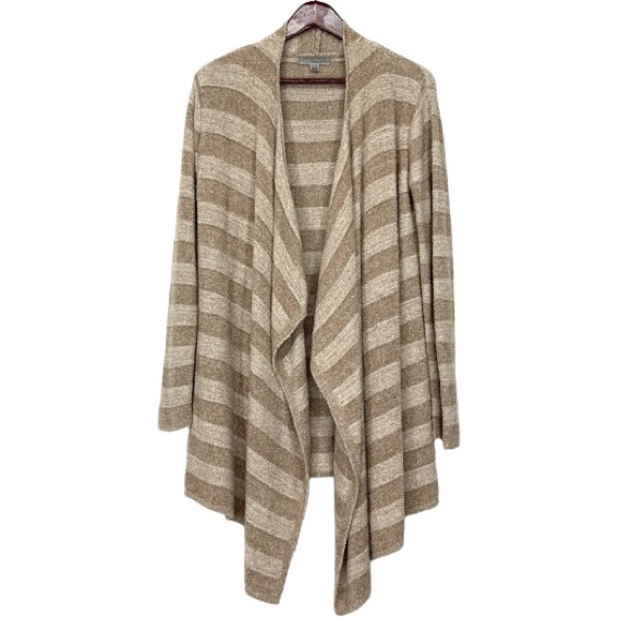 Barefoot Dreams Bamboo Chic Lite Striped Tan & Cream Fitted Waterfall Cardigan - Picture 1 of 13